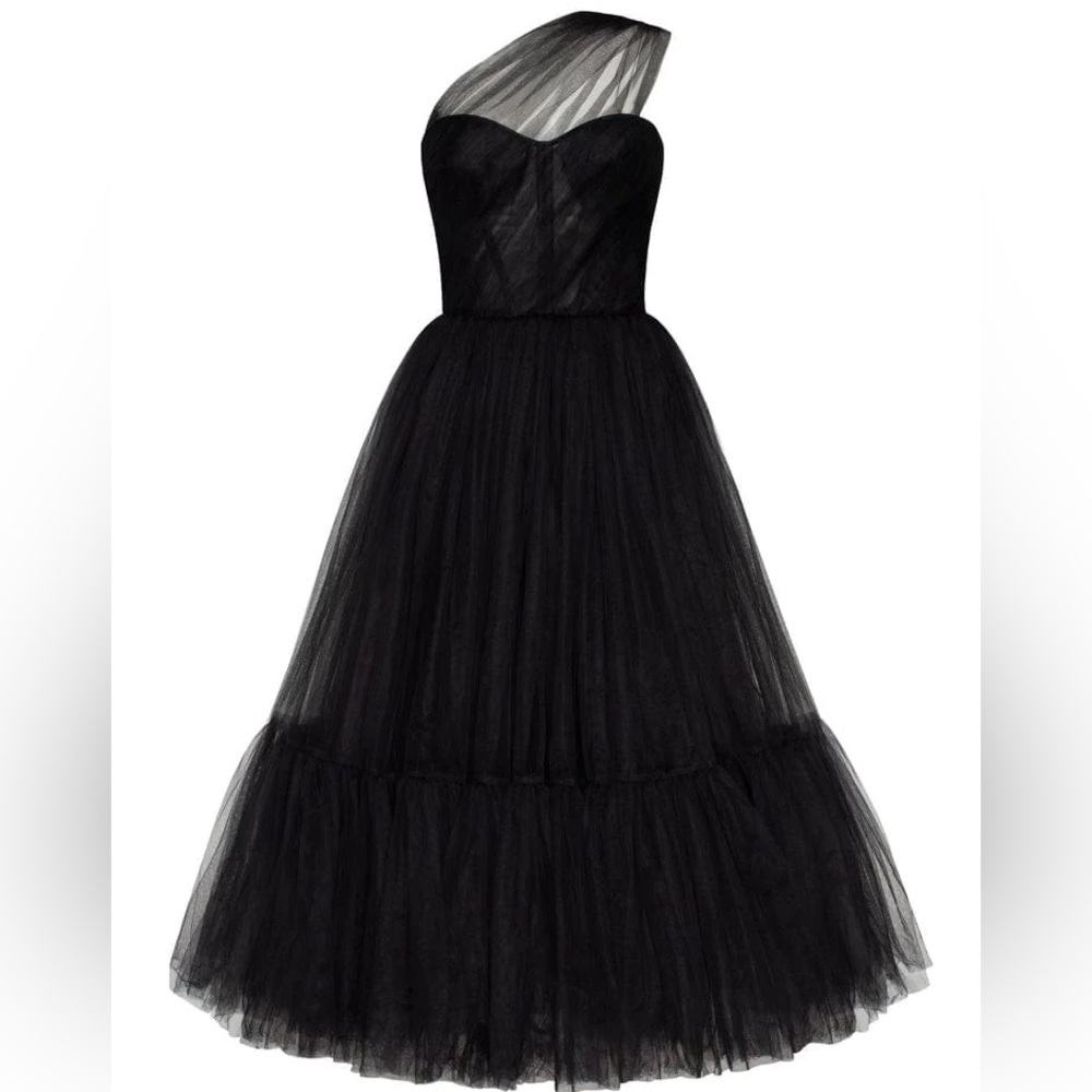 Milla Black One-Shoulder Cocktail Mesh Tulle Luxurious A-line midi Dress - Picture 3 of 8